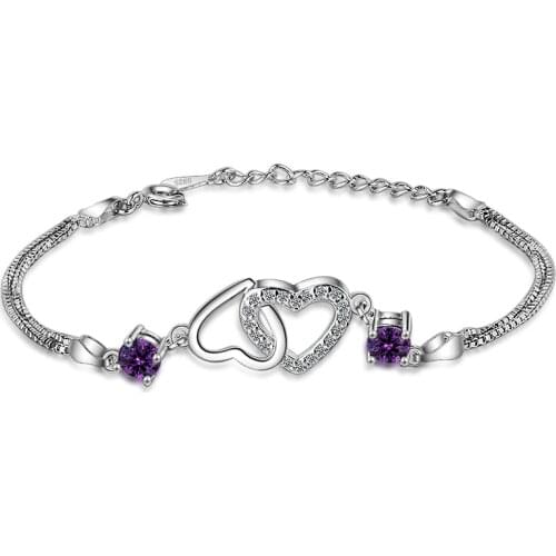 Utimtree Trendy Purple Zircon Double Heart Bracelets Bangles Jewelry Charm Bracelet for Women Party Gift High Quality