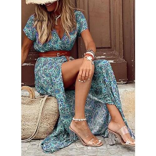 Women Dress Boho Women Deep V Neck Sleeveless Paisley Print Belt Large Hem Party Long Dress Clothing
