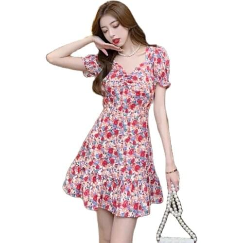 2021 Summer Sexy Red Dresses Puff Sleeve V-Neck Party Vintage Floral Dress Women Clothing Elegant Club Corset Green Wrap Dress