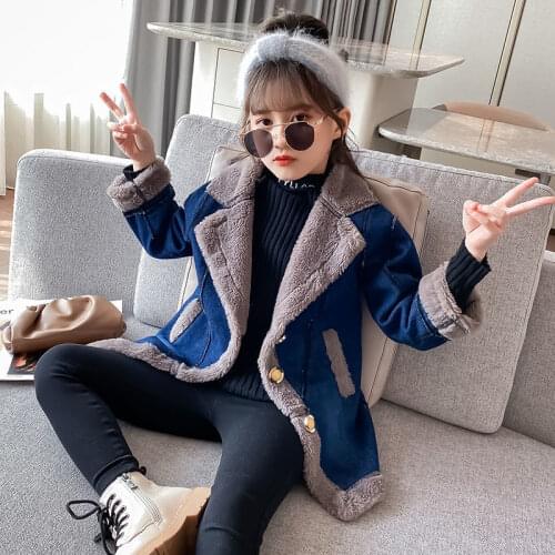 2020 Winter Childrens Faux Fur Coats Parka New Girls Outerwear Fashion imitation Rabbit Lining Denim jackets Kids Clothes D16