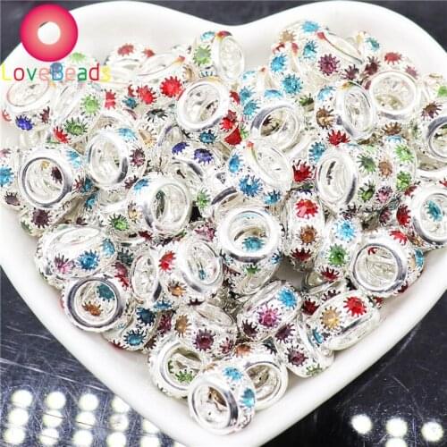 10Pcs New Handmade Colorful Crystal Rhinestone Glass Loose Spacer Beads Big Hole Fit Pandora Bracelet Bangle Keychain Jewelry