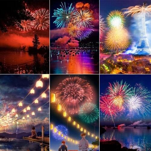 Poured Glue Full Round Diamond Painting Fireworks Night Landscape 5D DIY Diamond Embroidery Cross Stitch Home Decoration
