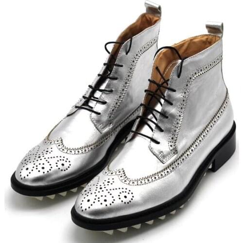 New summer fashion silver pointed toe ankle boots casual sheepskin leather men shoes brogue lace up mens boots