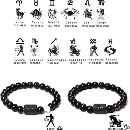 Black Mens Womens Lucky 12 Constellation Couple Zodiac Signs Natural Stone Beads Elastic Bracelet Jewelry Gifts for Friendship