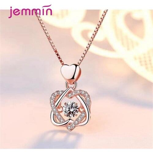 925 Sterling Silver Long Link Chain Heart Austrian Crystal Rose Gold Color Heart Pendant Necklaces For Women Wedding Jewelry