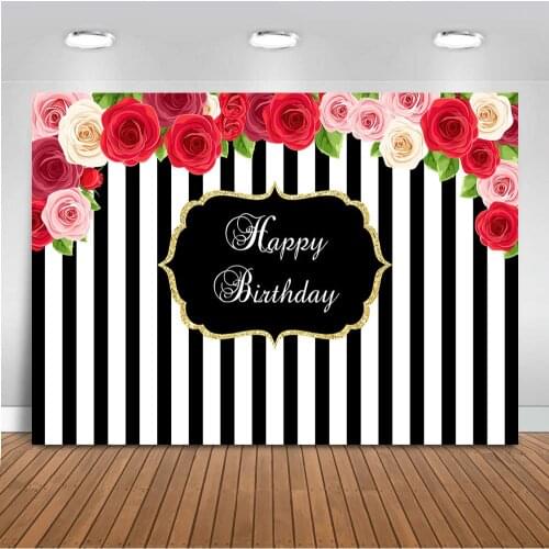 Neoback Happy Birthday Backdrop for Photography White and Black Stripe Rose Background for Photo Studio Mothers Day Party Decor