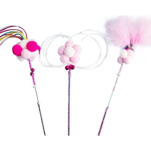 Pink Color 3PCS Cat Wand Toys Interactive Pom Pom Tassels Feather Cat Teasers Pet Stick Toys For Animals Pet Cats Entertainment