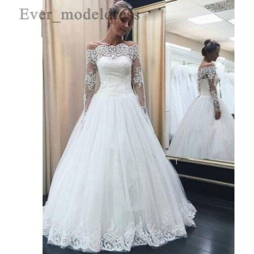 Lace Wedding Dresses 2019 Ball Gown Long Illusion Sleeves Appliques Beaded Off Shoulder Robe De Mariee Vestidos De Noiva