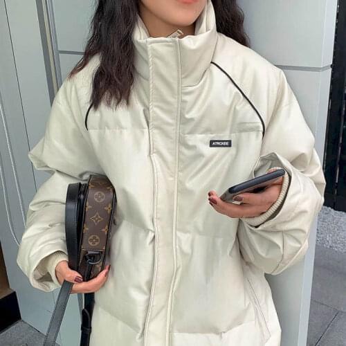 Hstar Faux Leather Cotton-padded Jacket Winter Thick Warm Oversize Stand Collar Down Coat Harajuku Korean Oversize Parkas