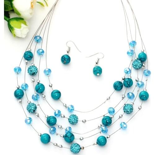 Summer Women Wedding Jewelry Sets Shambhala Beads Natural Stone Silver Multilayer Chain Necklace Pendant Choker Boho Jewelry Set