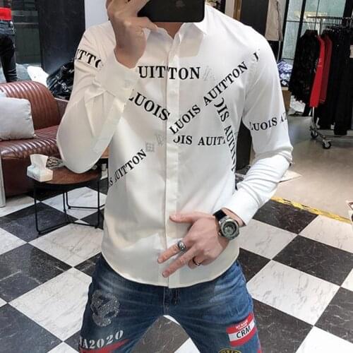 2021 Men long-sleeve shirt Words Printed Monocolor Long Sleeve Shirt with Polyester Spandex Material and Turn Down Collar shirt