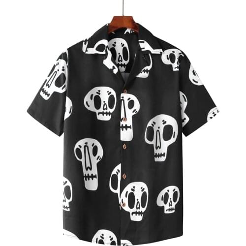 Mens Vintage Skull Print Black Hawaiian Shirt 2021 Summer New Hip Hop Streetwear Harajuku Male Short Sleeve Beach Shirts For Men