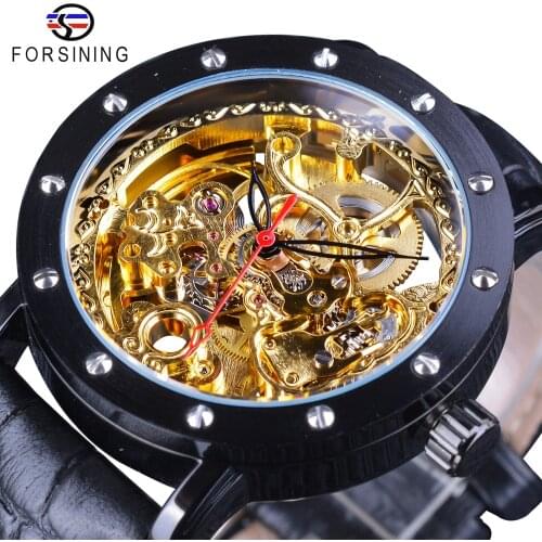 Forsining Royal Flower Carving Gear Golden Movement Transparent Genuine Leather Bezel Mens Mechanical Watches Top Brand Luxury
