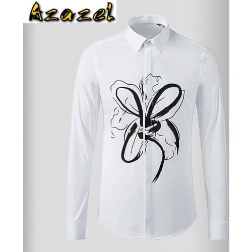 Azazel Mens Shirts Luxury Abstract Lotus Printed Long Sleeve Casual Mens Dress Shirts Slim Fit Party Man Shirts Plus Size 3xl
