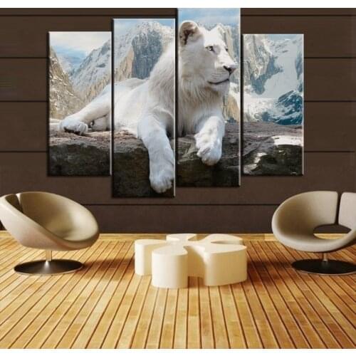 Wall Art Canvas Pictures Unframe Bedside Background Decor 4 Pcs White Lion Animal Living Room HD Printed Poster Paintings
