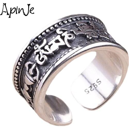 Apinje Thai Silver Open Ring for Men S925 Sterling Silver Six Words Mantras Vintage Vajra Women Ring Jewelry