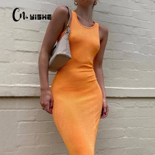 CNYISHE Fashion Sexy Sleeveless Knitted Dresses Summer 2021 Elegant Round Neck Bodycon Long Dress Women Casual Outfits Vestidos