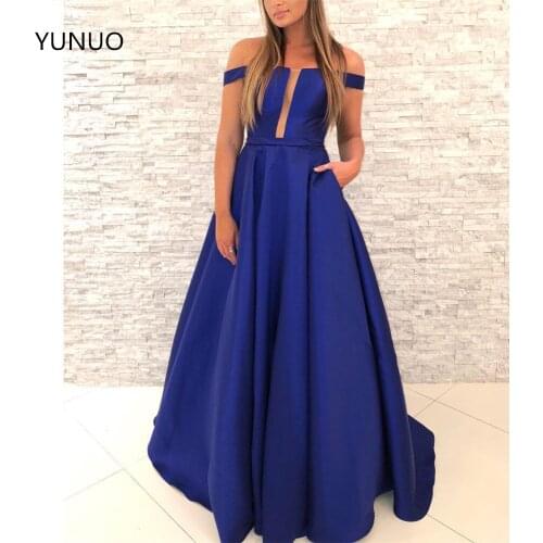 YUNUO Off the Shoulder Prom Dresses Sheer Mesh Neckline Formal Vestidos Full Length Satin Party Evening Gowns with Pockets
