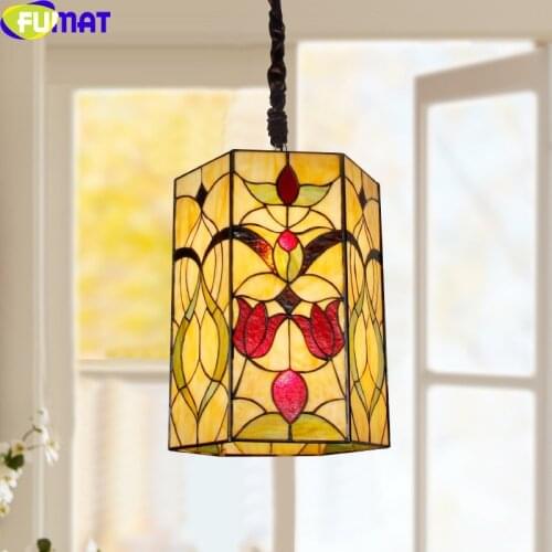 FUMAT Tiffany Style Hexagon Single Pendant Lamp Stained Glass European Pastoral Dining Room Aisle Art Antique Decor Lights LED