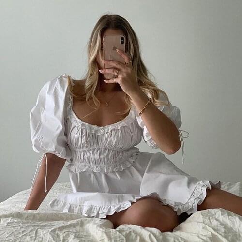 Women Princess Dress Lolita Style Ruffled White Cute Kawaii Puff Sleeve Fairy Party MIni Dress Short Sleeve High Waist Dress
