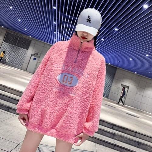 Sweater lamb plush half zipper sweater womens mid-length loose Korean version 2019 new high-neck furry plus velvet thick winter