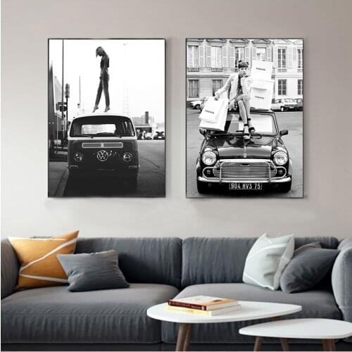 Fashion Retro Style Black White Photo s Vintage Street Art Canvas Painting Retro Car Vogue Girl Pictures Home Decor