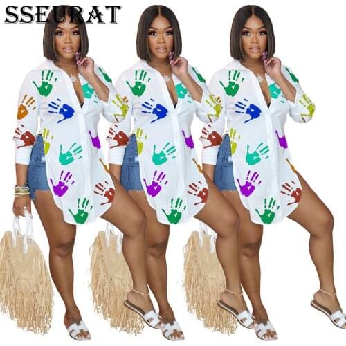 SSEURAT Women Shirts Print Full Sleeve Single Breasted Loose Straight Long Shirt Female Fashion High Streetwear Summer