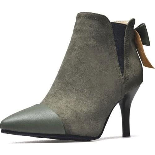 Women Ankle Boots Kitten Heel Booties Green Pointed Toe Bow Booties
