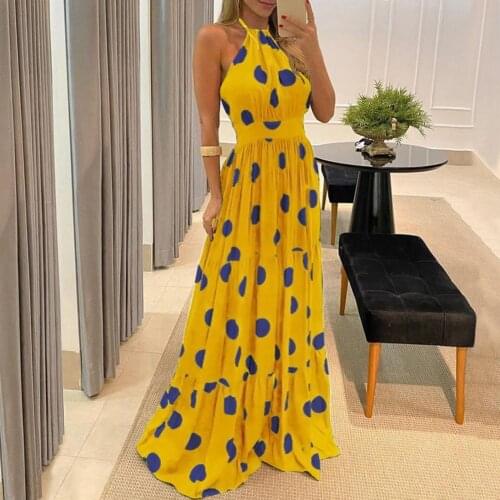 Women Elegant Print Boho Maxi Dresses 2021 Summer Sexy Halter Sleeveless Backless Beach Long Dress Ladies Casual Loose Sundress