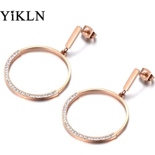 YiKLN Semi-circle Crystal Rhinestone Inlayed Stainless Steel Earrings For Women Rose Gold Bijoux Brincos Pendientes YE18087