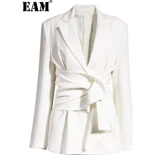 [EAM] Women White Knot Split Joint Irregular Blazer New Lapel Long Sleeve Loose Fit Jacket Fashion Spring Autumn 2021 1X343