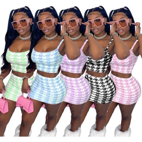 Active Houndstooth Women Two 2 Piece Set Outfits Tank Tops and Midi Mini dress Matching Set Tracksuit New 2021