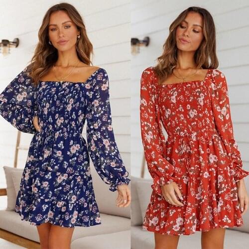 Sexy Off Shoulder Long Sleeve Floral Dress Women 2021 Autumn Square Collar Backless Party Mini Dresses For Woman Robe Femme
