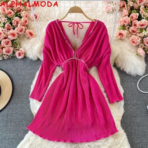 ALPHALMODA 2021 French Retro Lazy Loose Crystal Beaded Dress Candy Color Backless V-neck High Waist Bat Sleeve Pleated Dress
