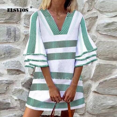 Vintage Ruffle Half Sleeve A-Line Party Dress Women V Neck Stripe Printed Spring Mini Dress Summer 2021 Casual Beach Dresses 3XL