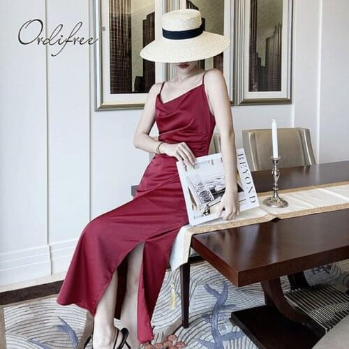 Ordifree 2021 Summer Women Sexy Party Dress Sexy Backless Vintage Burgundy Slit Silk Satin Slip Dress
