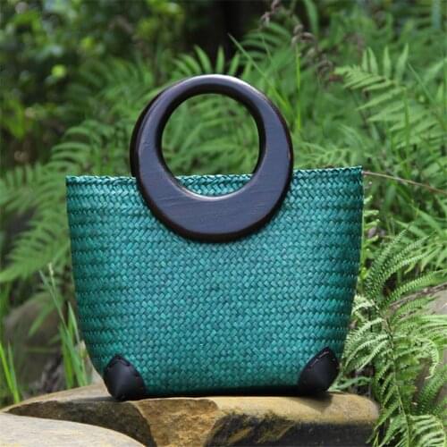 29x21CM New Original Retro Wooden Handle Thai Hand-woven Straw Bag Handbag Literature Casual Vacation Women a6102