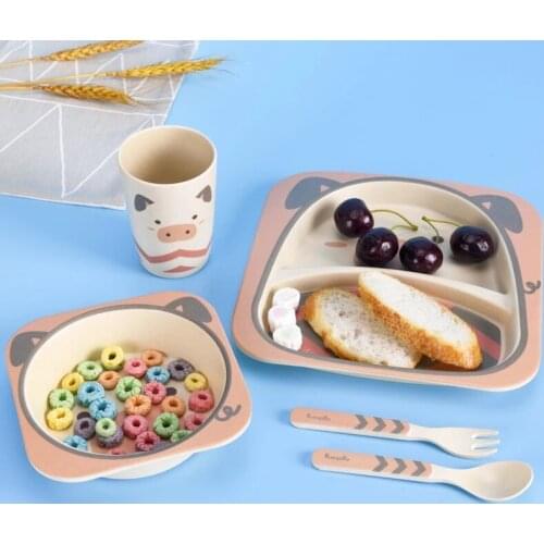 5pcs/set Baby Dish Training Tableware Children Cute Cartoon Feeding Food Dishes Kids Dinnerware with Bowl Cup Spoon Fork Plate