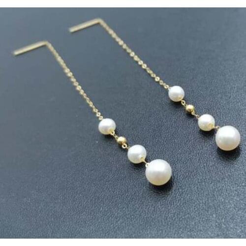 75mm long style round pearl dangle earring 4-6mm white 18k gold