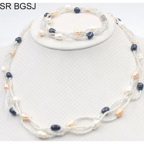 Free Shipping 5-6mm Mixed Colors Freshwater Pearl Beads Magnetic Clasp Jewelry Necklace Bracelet Natural Pearl Set