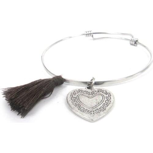 Free shipping new arrival DIY alloy adjustable flat spring cuff bangle with brown tassel and heart women fashion metal bangle