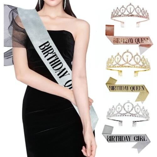 Birthday Queen Crown Girl Women Bling Rhinestone Crystal 18 21 30 40 50th Birthday Decoration Satin Sashes Anniversary Supplies