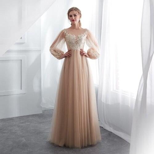 Champagne Prom Dresses Long Puff Sleeves Venice Lace Full Length Evening Dresses Party Gown Formal Dresses vestidos de gala