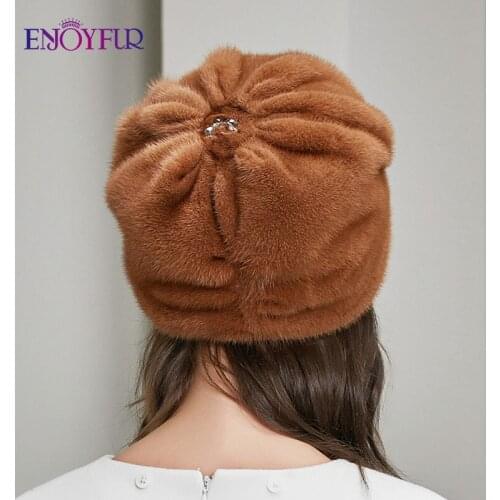 ENJOYFUR Natural Mink Fur Hat Winter Womens Hand-sewn Warm Fur Earflap Beanie With Bead Fashion Female Designer Headwear Bonnet