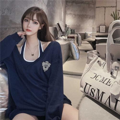 Sexy Blue Oversize T-Shirt Girl Autumn High Street Tops Korean Style Tees Causal Harajuku 2021 Gothic V-Neck Funny T Shirts