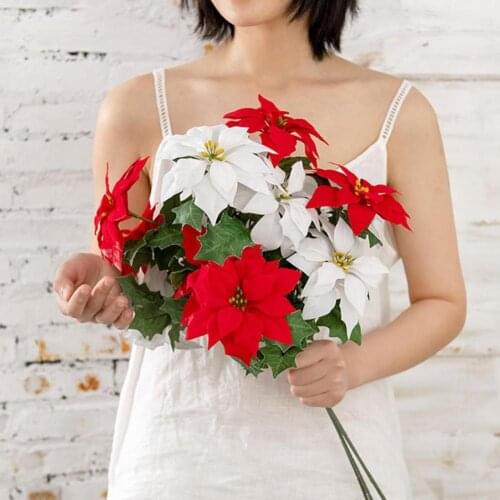 Fake Poinsettia Bouquet Easy-Caring Shelf Decor Faux Silk Flower Christmas Simulation Bouquet for office
