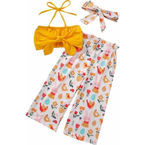 3Pcs Kids Summer Outfits, Girls Strappy Bowknot Crop Tops + Cartoon Loose Pants + Hairband 18 Months To 6 Years
