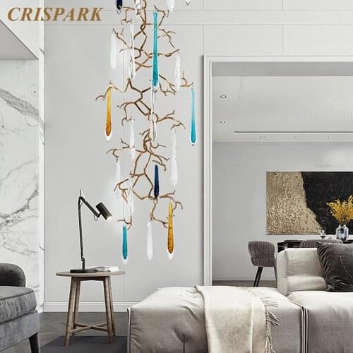 Modern Glass Chandelier Lighting LED Brass Branch Drop Chandeliers Home Decorative Pendant Hanging Lamp for Living Room