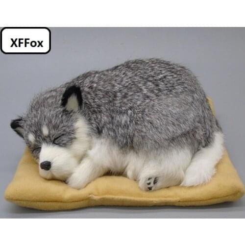 New real life sleeping dog model plastic&furs gray husky dog doll gift about 20x25cm xf2406