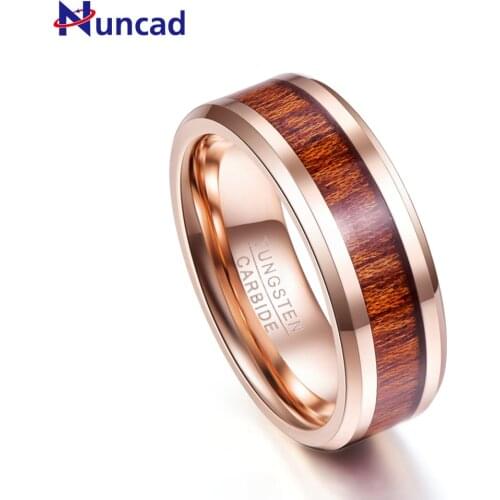 NUNCAD 8mmTungsten Carbide Ring Hawaiian Koa Wood Inlay Tungsten Ring Beveled Edge Wedding Band Mens Ring Comfort Fit Size 7-12